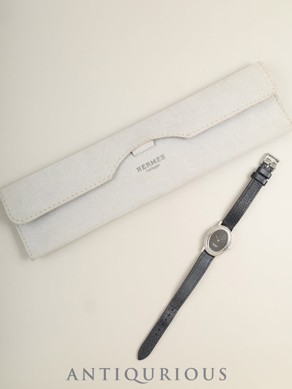 Hermes Clipper Oval CO1.210 Quartz Cal.976.001 Stainless Steel, Original Strap (□E stamp: 2001), Original Pin Buckle (Stainless Steel), Black Dial, Case Overhauled