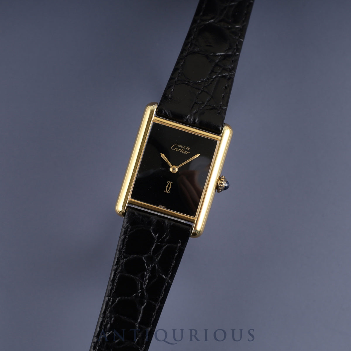 Cartier Must Tank LM Manual Winding Cal. 78-1 SV925 Leather Strap with Genuine GP Buckle, Onyx Dial, Overhauled and Finished to Look Like New