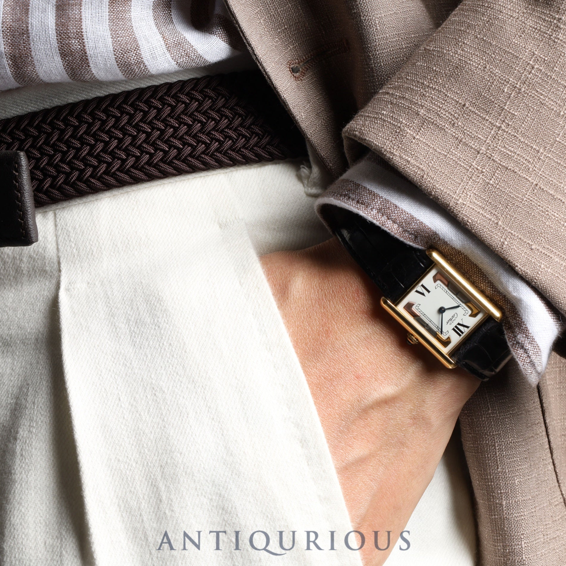 カルティエ マストタンク LM 590005 クォーツ Cal.90 SV925 革 純正Dバックル(GP) トリニティ文字盤 オーバーホール済み