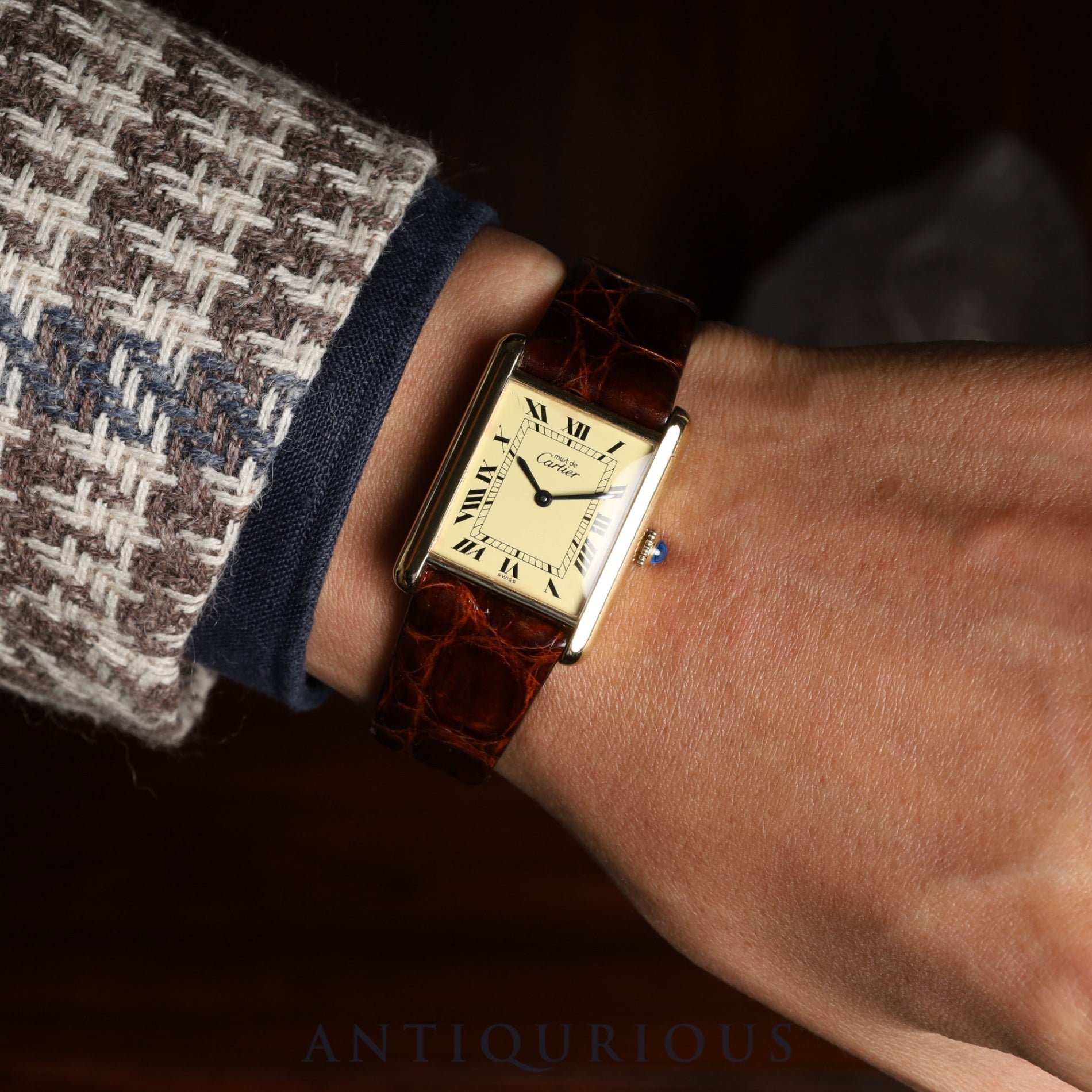 カルティエ マストタンク LM 手巻き SV925 革 純正尾錠(GP)アイボリーローマン文字盤 オーバーホール済み