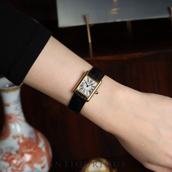 Cartier Must Tank SM 5057001 Quartz Caliber 057 SV925 Leather Watch with Genuine D-Buckle (GP) Opalescent Dial Circa 1982-Circa 1995 Box Overhauled