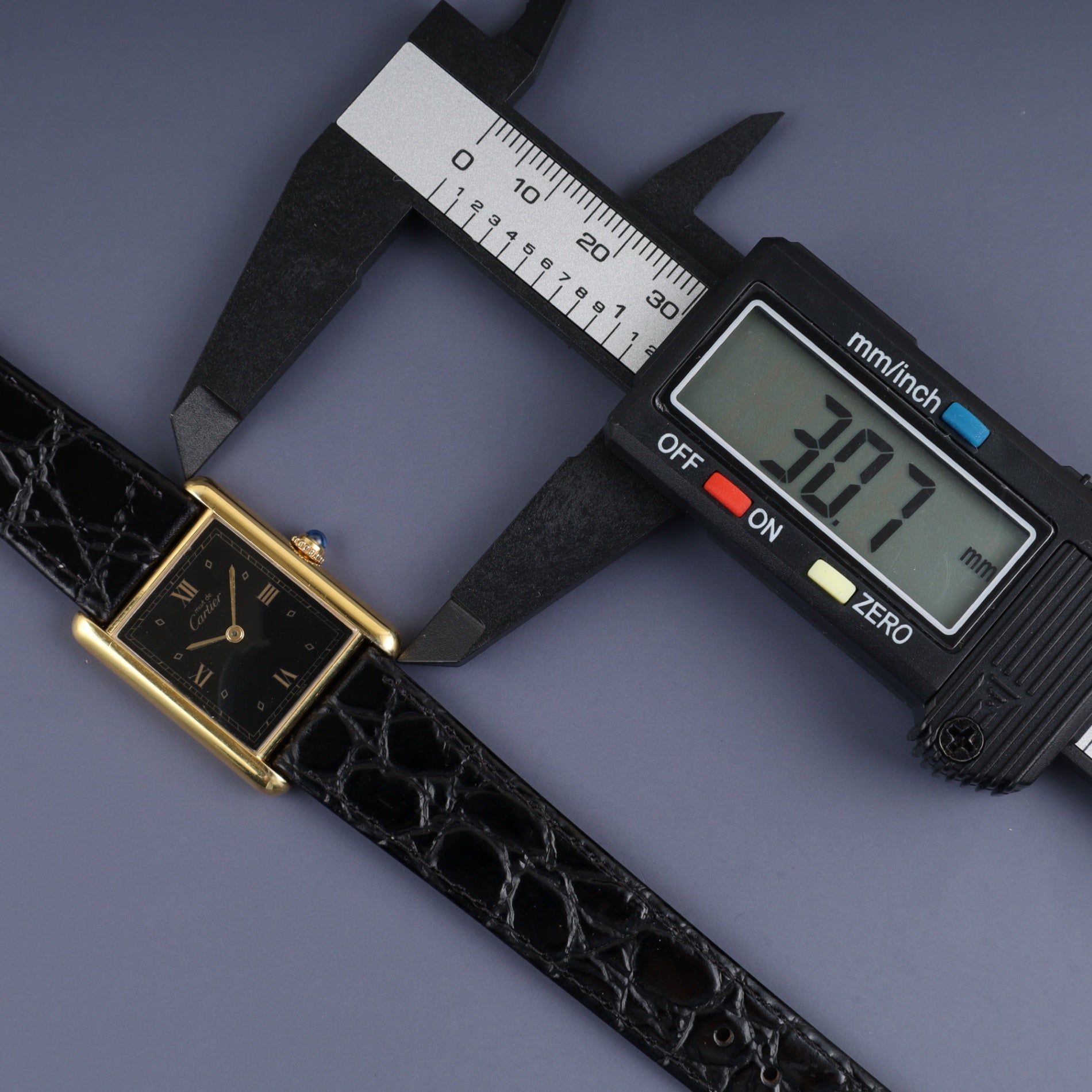 Cartier Must Tank LM 590005 Quartz Caliber 90 SV925 Leather Strap with Genuine GP Buckle, Black Roman Dial, Overhauled and Finished to Look Like New