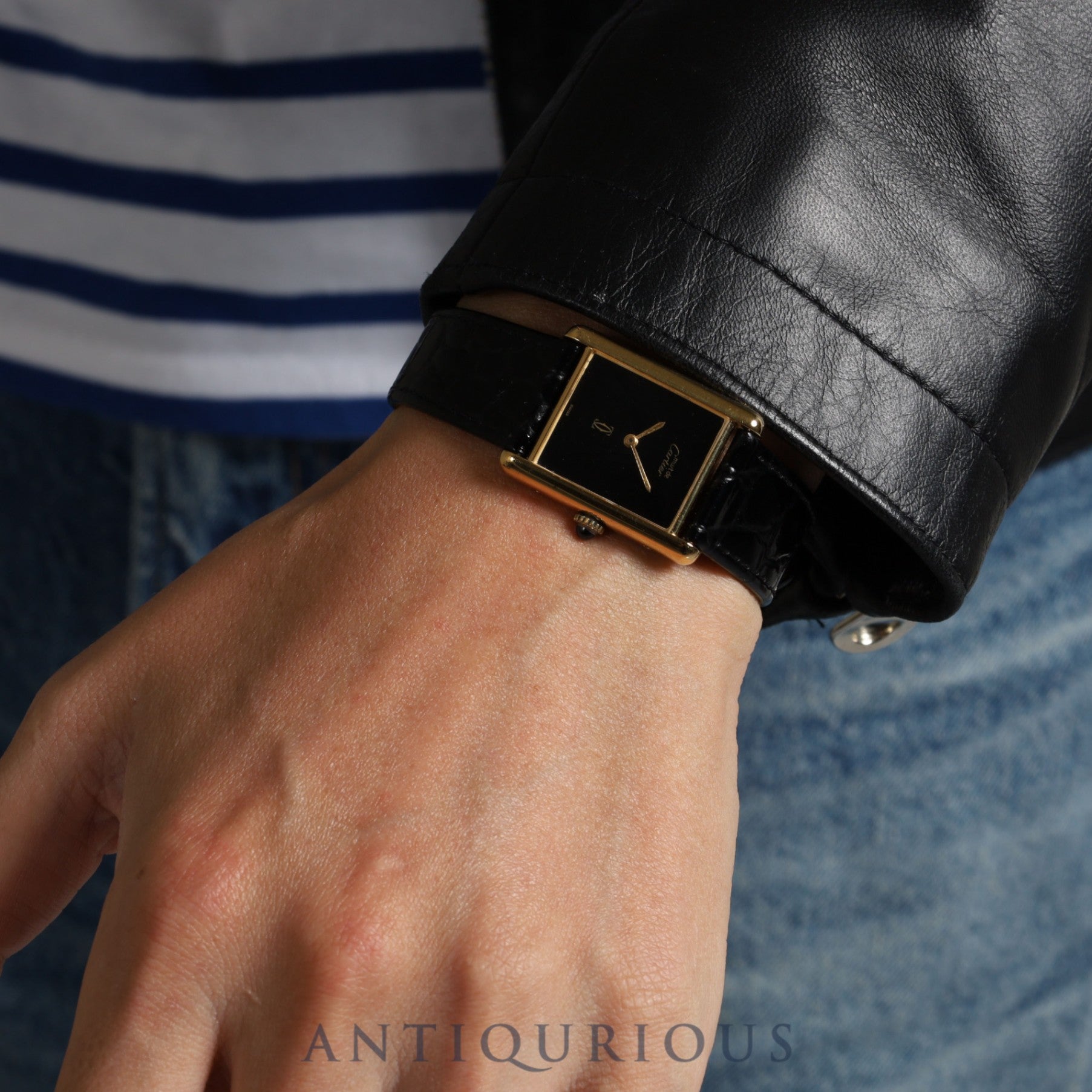 カルティエ マストタンク LM 手巻き Cal.78-1 SV925 革 純正尾錠(GP)ブラックオニキス文字盤 オーバーホール済み 新品仕上げ済み