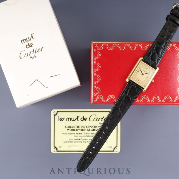 Cartier Must Tank LM 83918723 / 6 81006 Quartz Caliber - SV925 Leather Strap with Genuine GP Buckle. Champagne Roman Dial. Box, Booklet, Warranty Card (1984). Completely serviced at a Cartier boutique.
