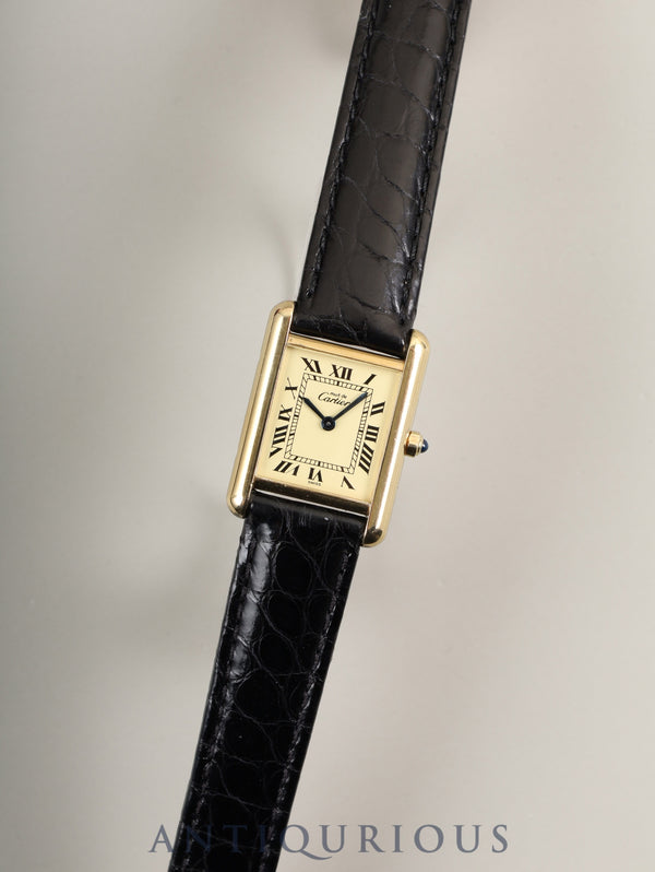 Cartier Must Tank SM 366001 Quartz Caliber 66 SV925 Leather Strap with Genuine D-Clock Buckle (GP) Ivory Roman Dial Overhauled