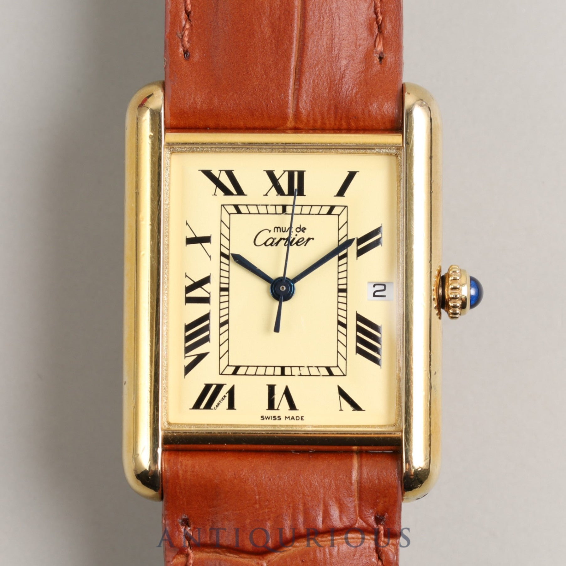 Cartier Must Tank GM (XL) Date QZ SV925 Leather Genuine Buckle (GP) Ivory Dial Box Overhauled