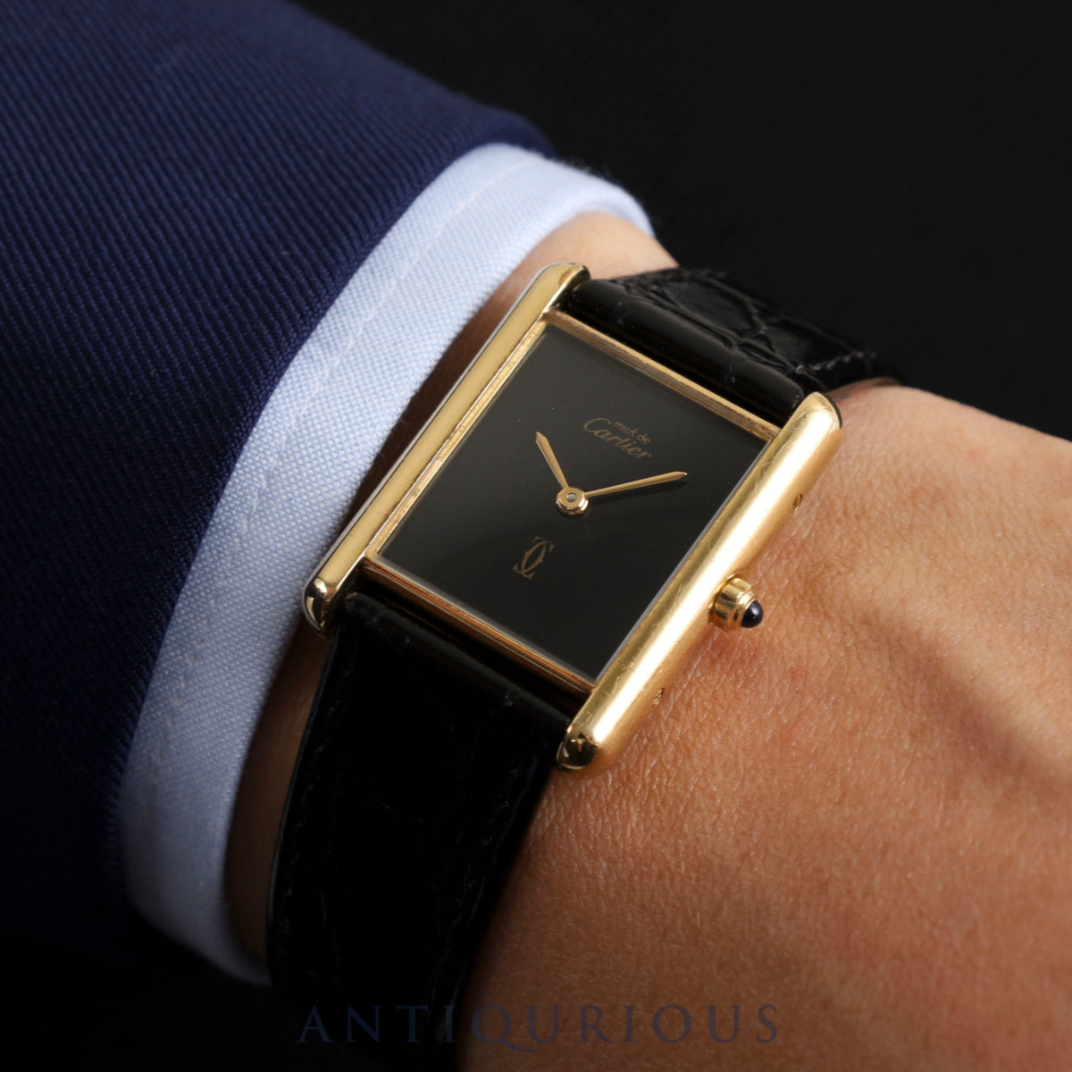 Cartier Must Tank LM 6 81006 Quartz Cal.690 SV925 Leather Genuine Buckle (GP) Onyx Dial Overhauled and Finished to Like New