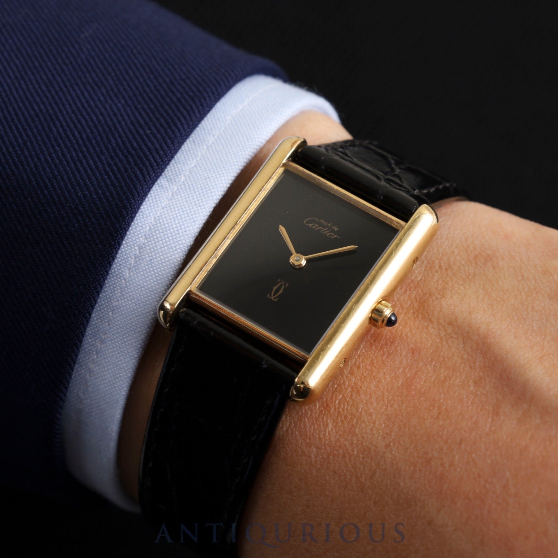 Cartier Must Tank LM 6 81006 Quartz Cal.690 SV925 Leather Genuine Buckle (GP) Onyx Dial Overhauled and Finished to Like New