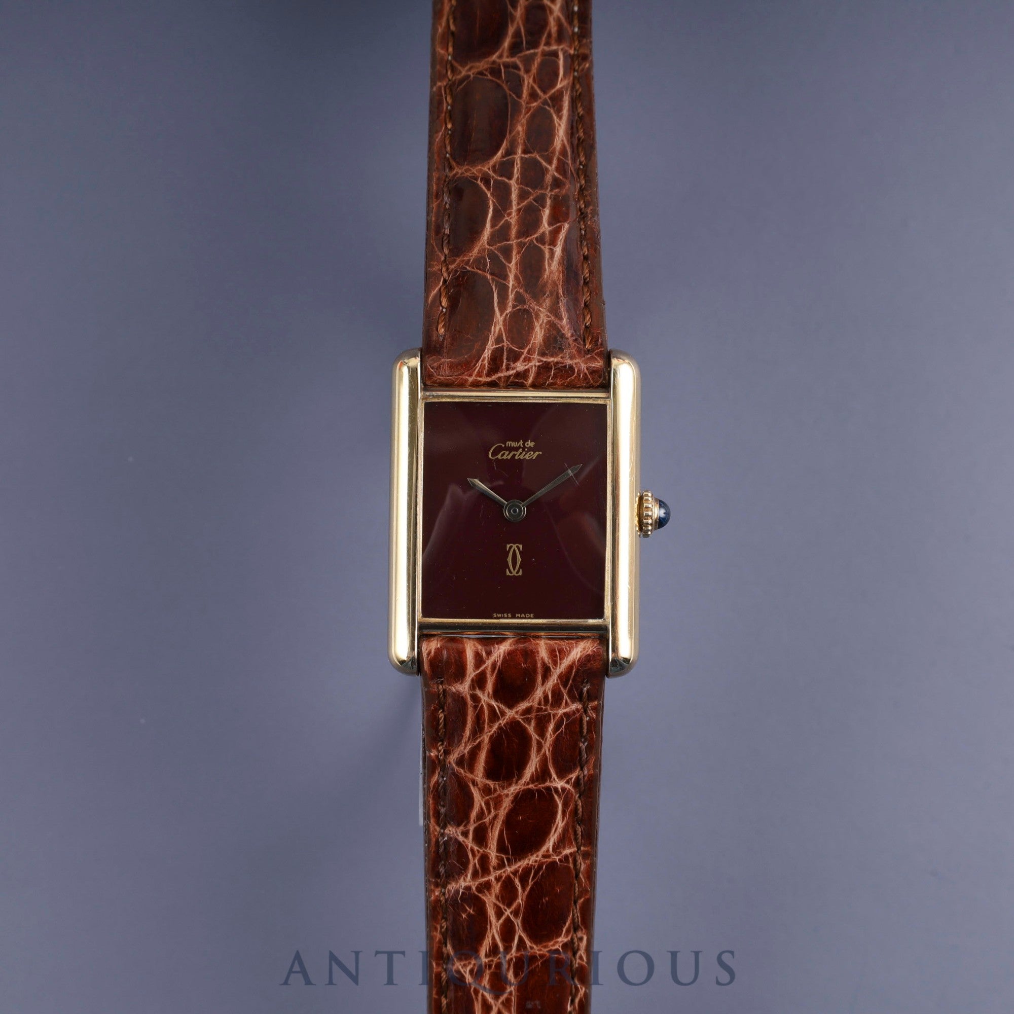 Cartier Must Tank LM Manual Winding Caliber 78-1 SV925 Leather Strap with Genuine GP Buckle, Garnet Dial, Bordeaux Dial, Overhauled