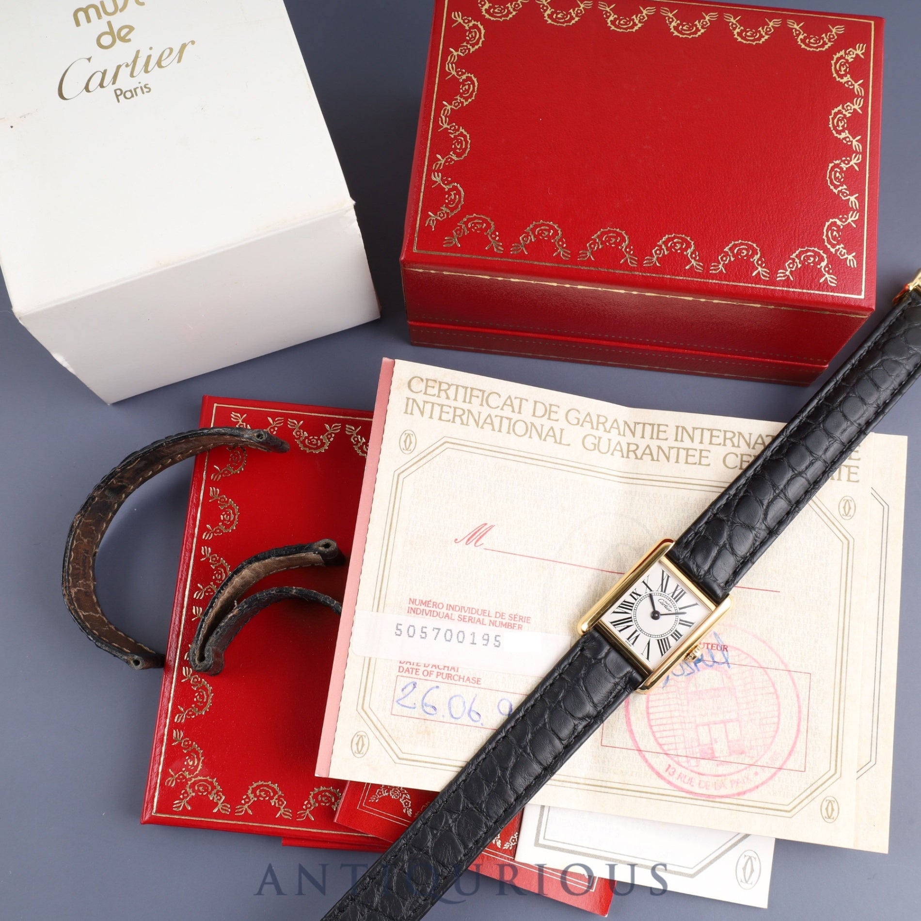 Cartier Must Tank SM W1005554 / 5057001 Quartz Cal.057 SV925 Leather Genuine D-buckle (GP) Opalan dial Genuine replacement belt Box Warranty (1992) Overhauled