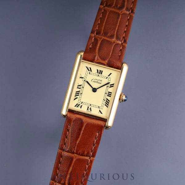 Cartier Must Tank LM 590005 Quartz Cal.690 SV925 Leather Genuine Buckle (GP) Ivory Roman Dial Overhauled and Finished to Like New