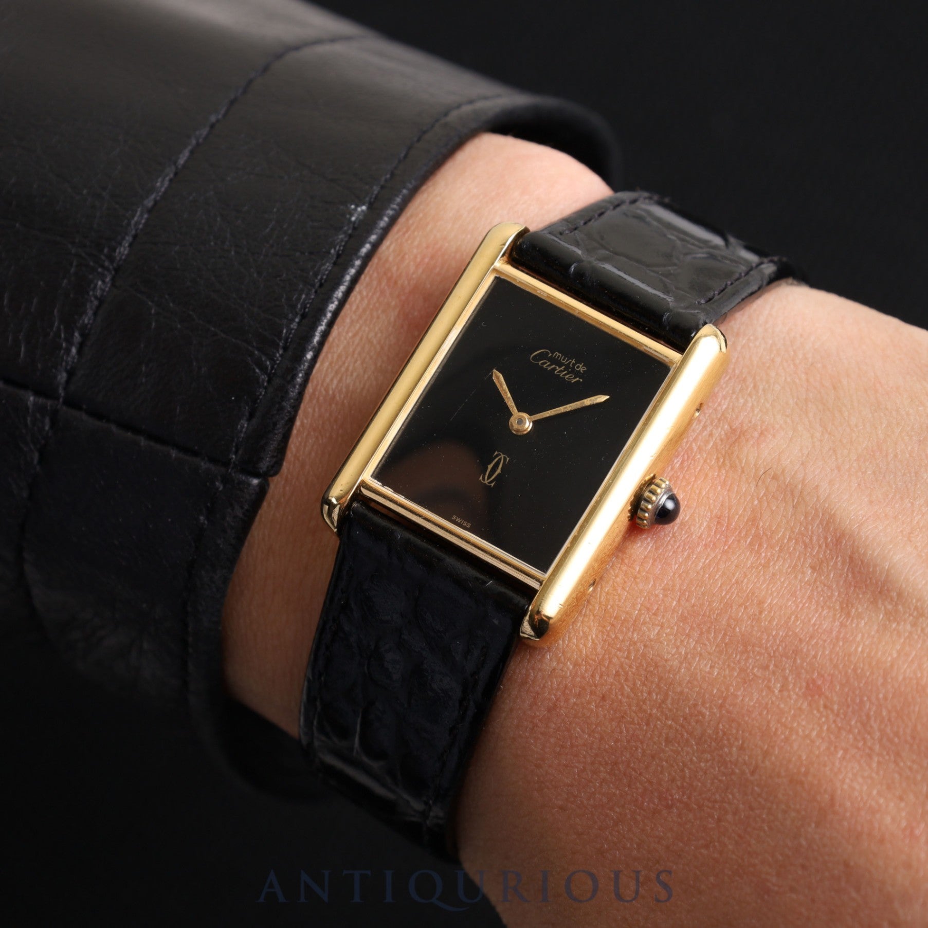 カルティエ マストタンク LM 手巻き Cal.78-1 SV925 革 純正尾錠(GP)ブラックオニキス文字盤 オーバーホール済み 新品仕上げ済み