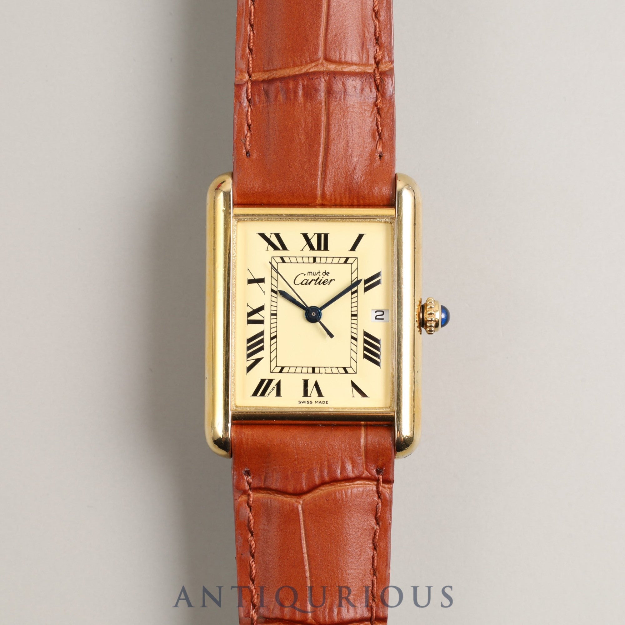 Cartier Must Tank GM (XL) Date QZ SV925 Leather Genuine Buckle (GP) Ivory Dial Box Overhauled
