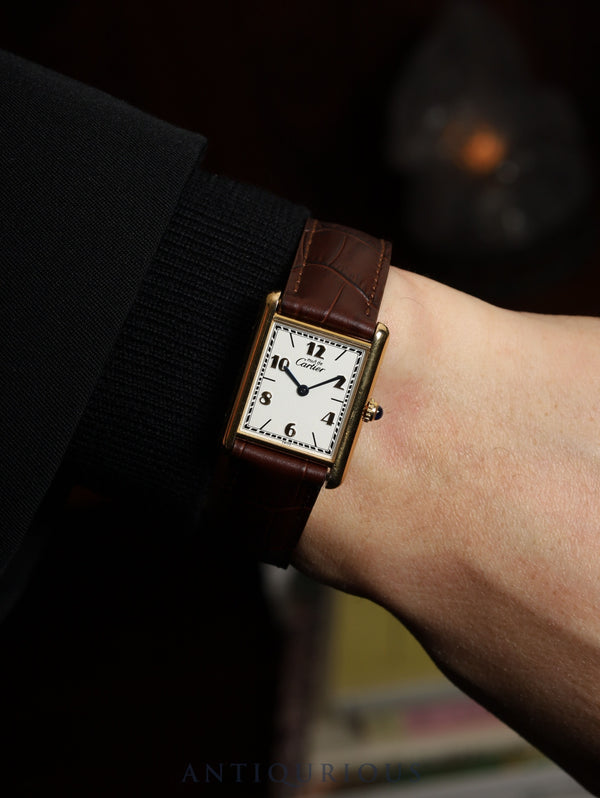 カルティエ マストタンク LM 590005 クォーツ Cal.690 SV925 革 純正Dバックル(GP) 飛びアラビアCC文字盤(SWISS表記) オーバーホール済み