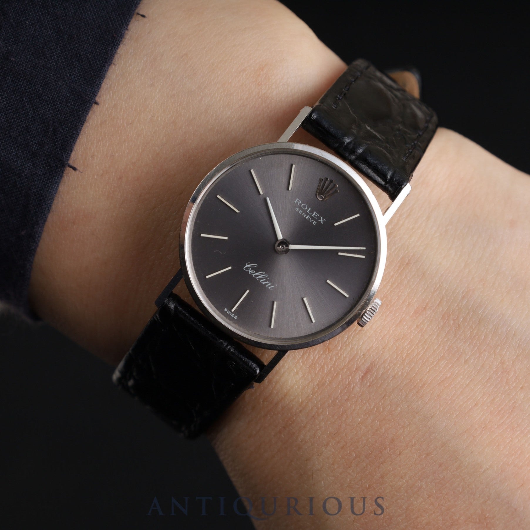 ロレックス チェリーニ 3810 手巻き Cal.1600 750WG 革 社外尾錠(SS)グレー文字盤 24mm 3番台(1971年)オーバーホール済み