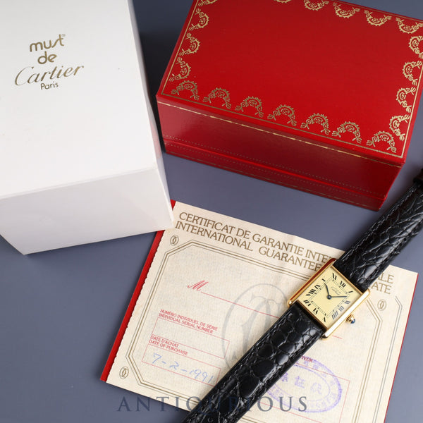 Cartier Must Tank LM 590005 Quartz Cal.90 SV925 Leather Genuine Buckle (GP) Ivory Roman Dial Box Warranty (1991) Overhauled