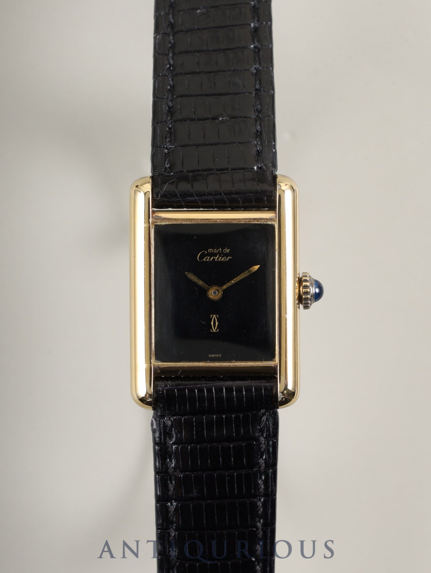 Cartier Must Tank SM Manual Winding Caliber 78-1 SV925 Leather Strap with Genuine GP Buckle, Onyx Dial (SWISS Marking), Overhauled