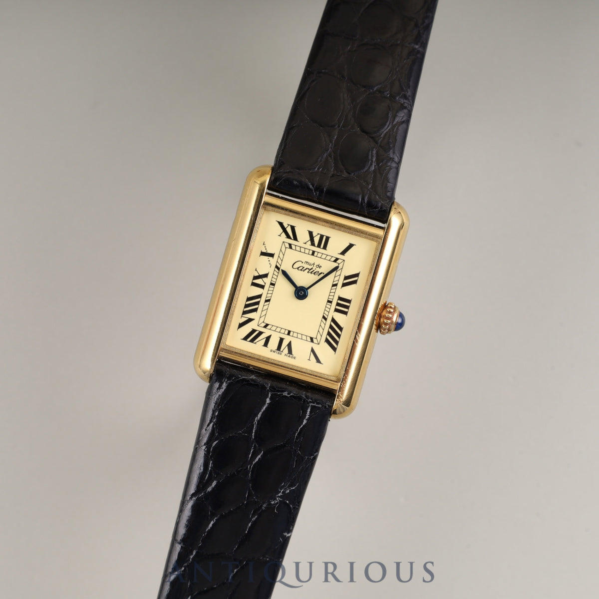 Cartier Must Tank MM 2415 Quartz Caliber 057 SV925 Leather Strap with Genuine GP Buckle, Ivory Roman Dial, Overhauled