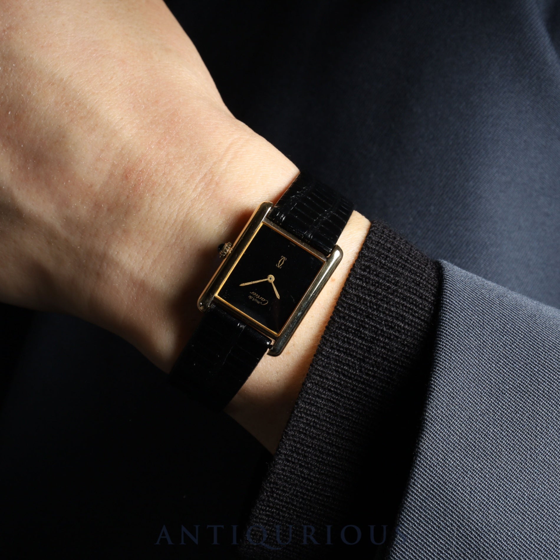 Cartier Must Tank LM Manual Winding Cal. 78-1 SV925 Leather Strap Genuine Buckle (GP) Onyx Dial Box Overhauled