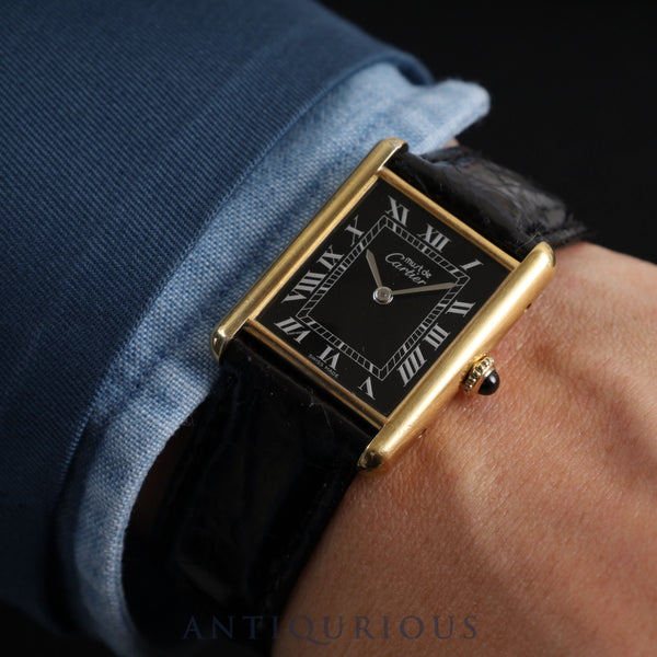 Cartier Must Tank LM Manual winding SV925 Leather Genuine buckle (GP) Black Roman dial Complete service (full maintenance) completed at Cartier boutique