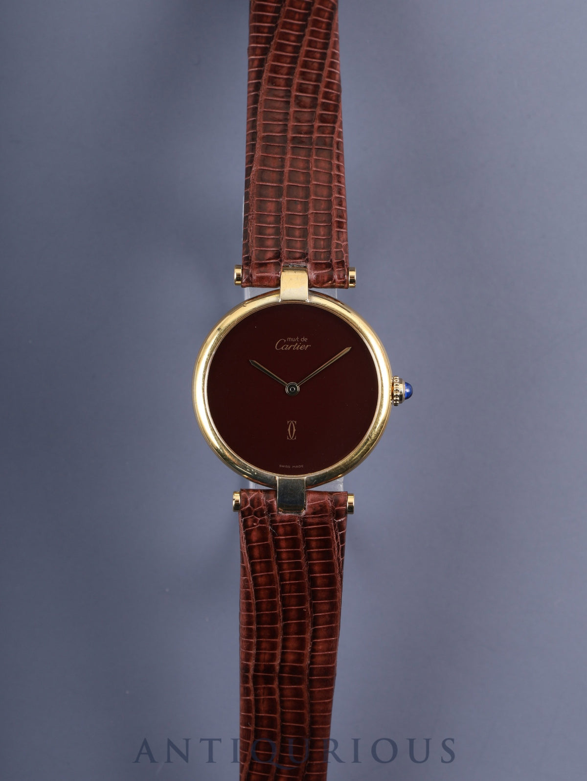 Cartier Must Vendôme VLC LM Quartz Movement, SV925 Leather, Genuine Buckle (GP), Bordeaux Dial (SWISS MADE Marking), Garnet Dial, Complete Serviced at a Cartier Boutique