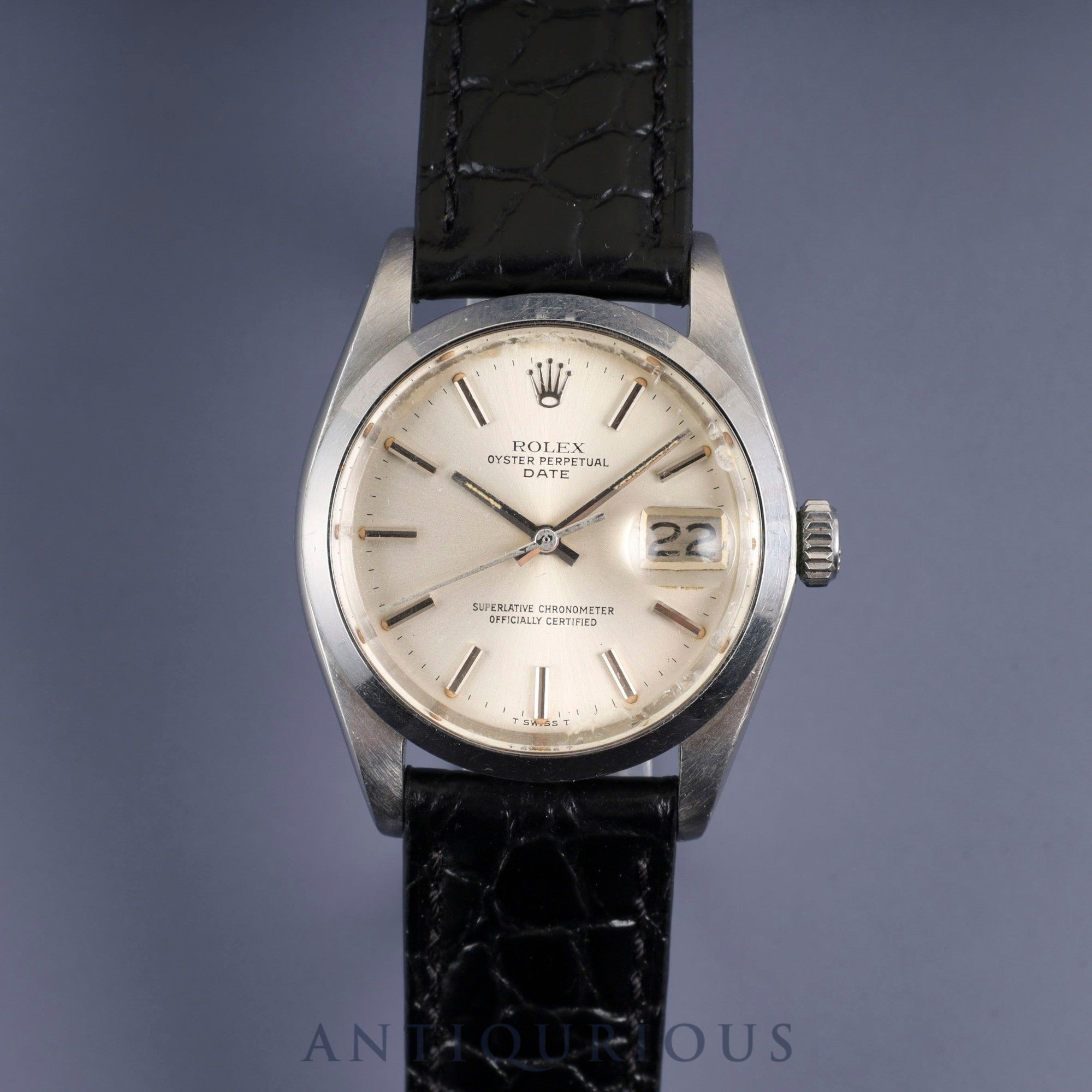 ロレックス オイスターパーペチュアルデイト 1500 自動巻き Cal.1570 SS 革 社外尾錠(SS)シルバー文字盤 36mm 53番台(1977年)オーバーホール済み