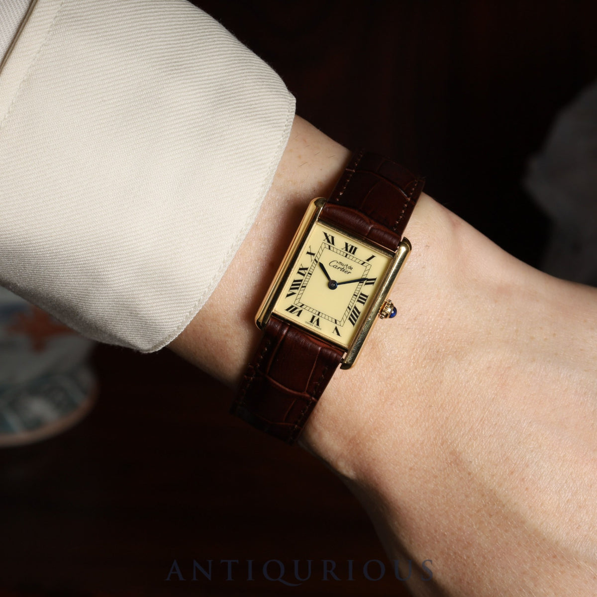 Cartier Must Tank LM 1615 Quartz Caliber - SV925 Leather Strap with Genuine D-Clasp (GP) Buckle, Ivory Roman Dial, Circa 1996-1998, Completely Serviced at a Cartier Boutique