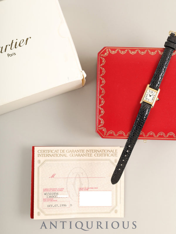 Cartier Tank Mini W1501856 / 1360 Quartz Cal.280002 750YG aftermarket leather strap, genuine pin buckle (750YG), ivory Roman dial (SWISS表記), box, booklet, warranty card (1996), overhauled