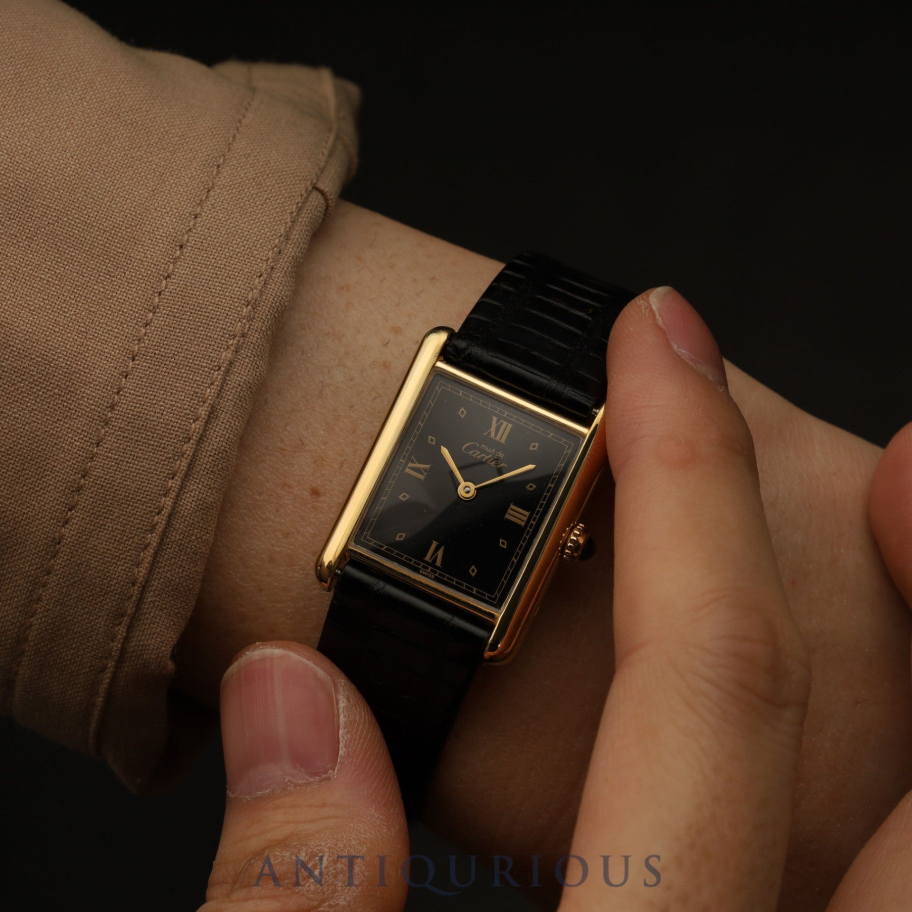 Cartier Must Tank LM 590005 Quartz Caliber 90 SV925 Leather Strap with Genuine GP Buckle, Black Roman Dial, Overhauled and Finished to Look Like New