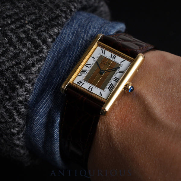 Cartier Must Tank LM 590005 Quartz Cal.90 SV925 Leather Genuine Buckle (GP) Front Trinity Dial Overhauled