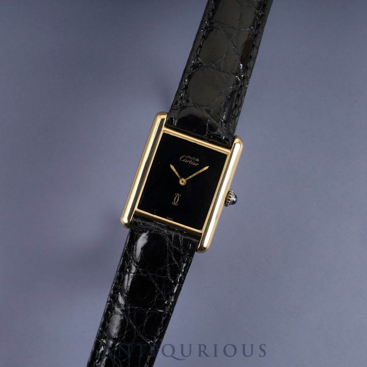 Cartier Must Tank LM Manual Winding Caliber 78-1 SV925 Leather Strap with Genuine GP Buckle, Onyx Dial, Circa 1976-1981, Overhauled and Finished to Like New