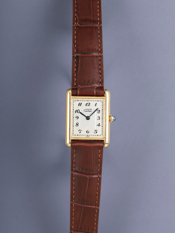 Cartier Must Tank LM 590005 Quartz Caliber 90 SV925 Leather Strap with Genuine D-buckle (GP) Arabic Dial (SWISS Marking) Overhauled and Finished to Look Like New