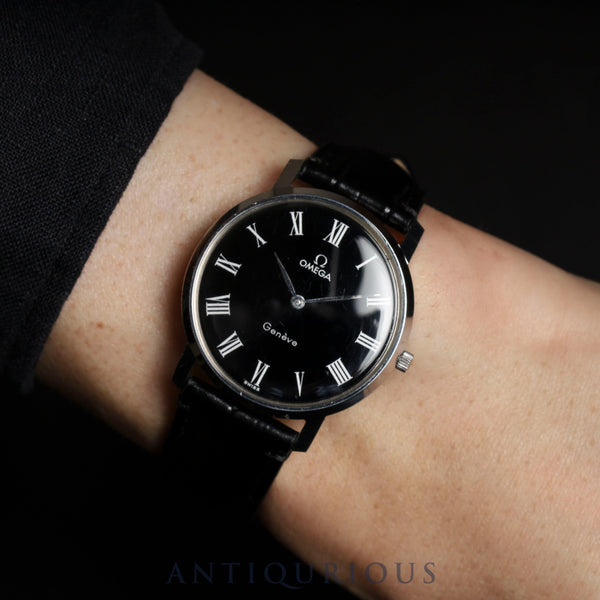 Omega Geneve 111.0108 Manual Winding Stainless Steel Leather Strap with Genuine Stainless Steel Buckle, Black Roman Dial, Overhauled