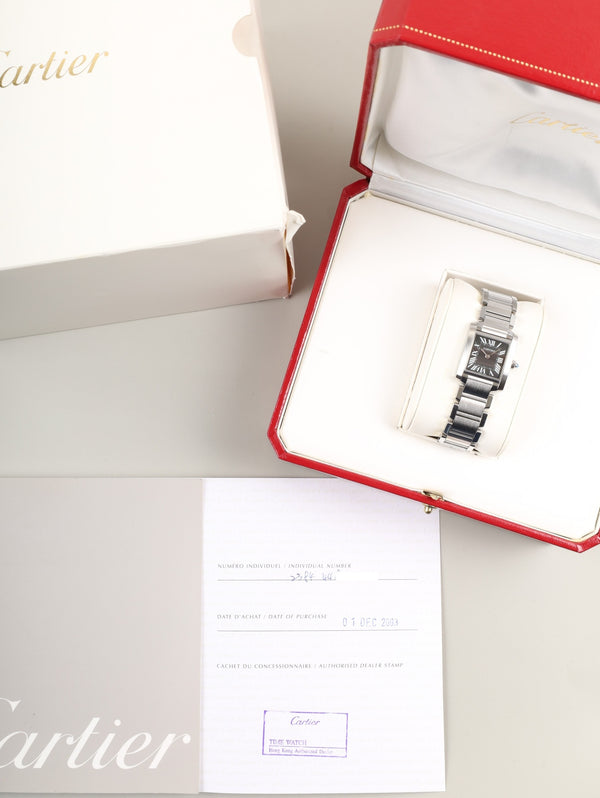 Cartier Tank Française SM W51026Q3 / 2384 Quartz Cal.057 Stainless Steel Black Roman Dial Box Warranty (2003) Overhauled