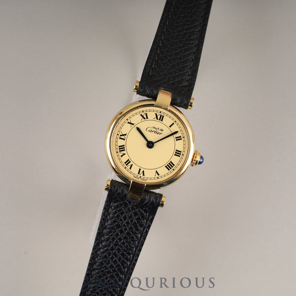 Cartier Must Vendôme VLC SM Quartz Cal.690 SV925 Leather Strap with Genuine GP Buckle, Ivory Roman Dial, Overhauled