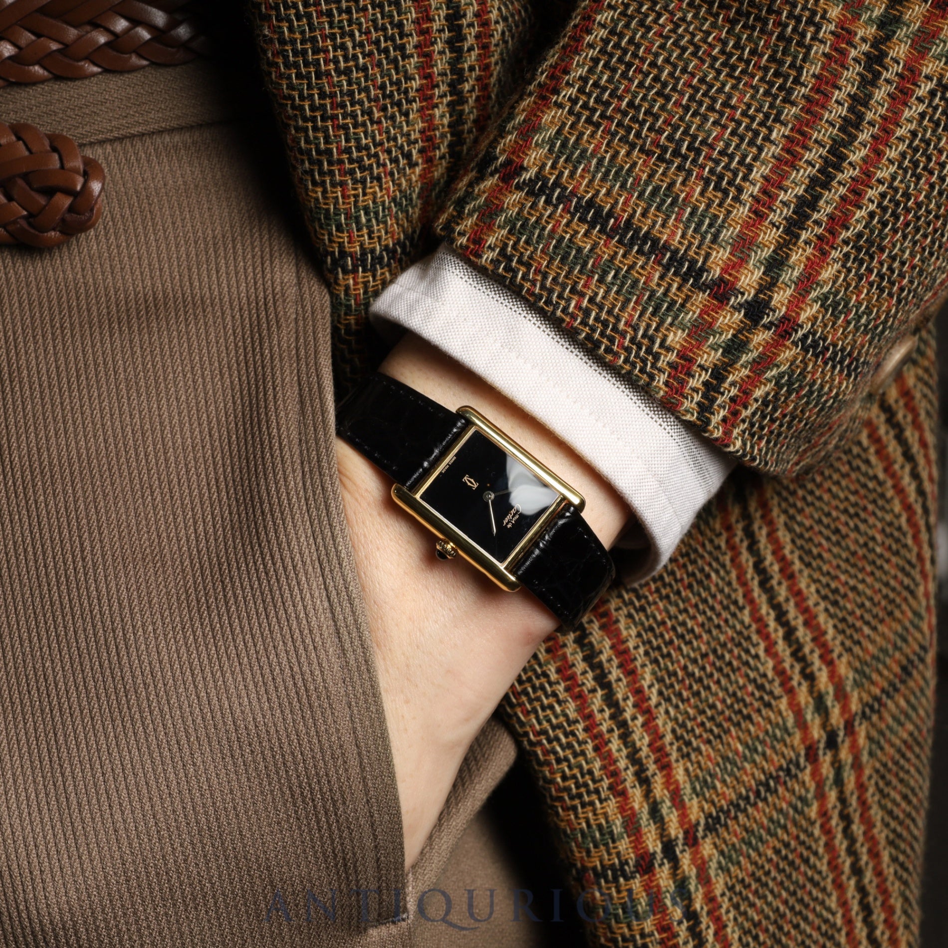 カルティエ マストタンク LM 手巻き Cal.78-1 SV925 革 純正尾錠(GP) オニキス文字盤 オーバーホール済み 新品仕上げ済み