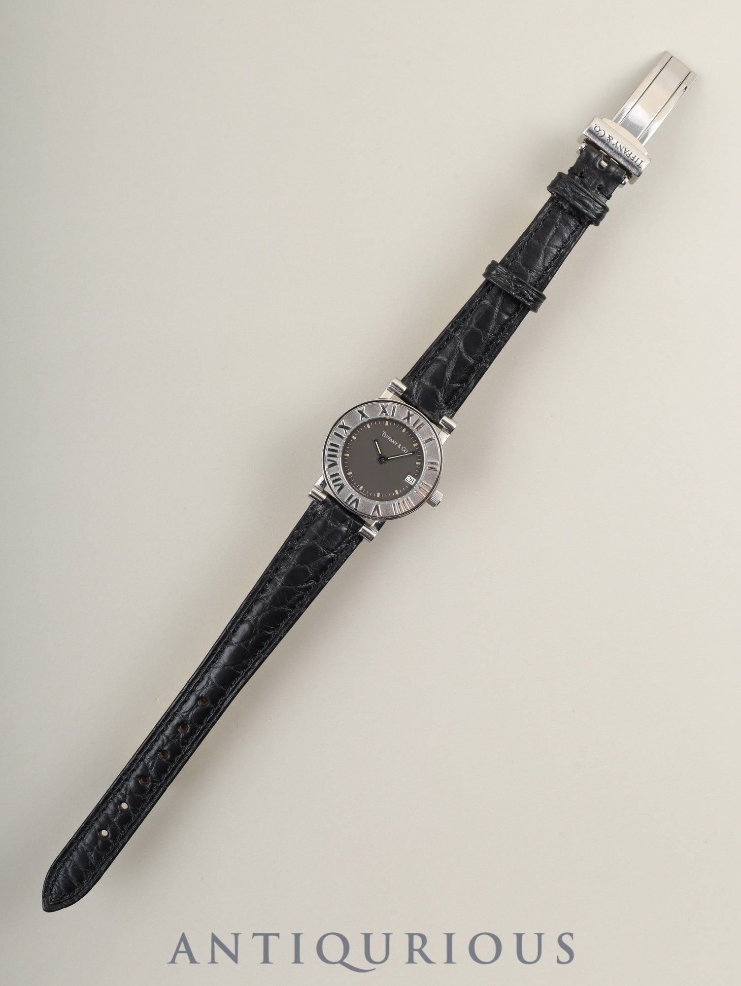 ティファニー アトラス 820.1008 クォーツ Cal.256.041 SS 革 純正バックル(SS) グレー文字盤 箱 冊子 保証書 オーバーホール済み