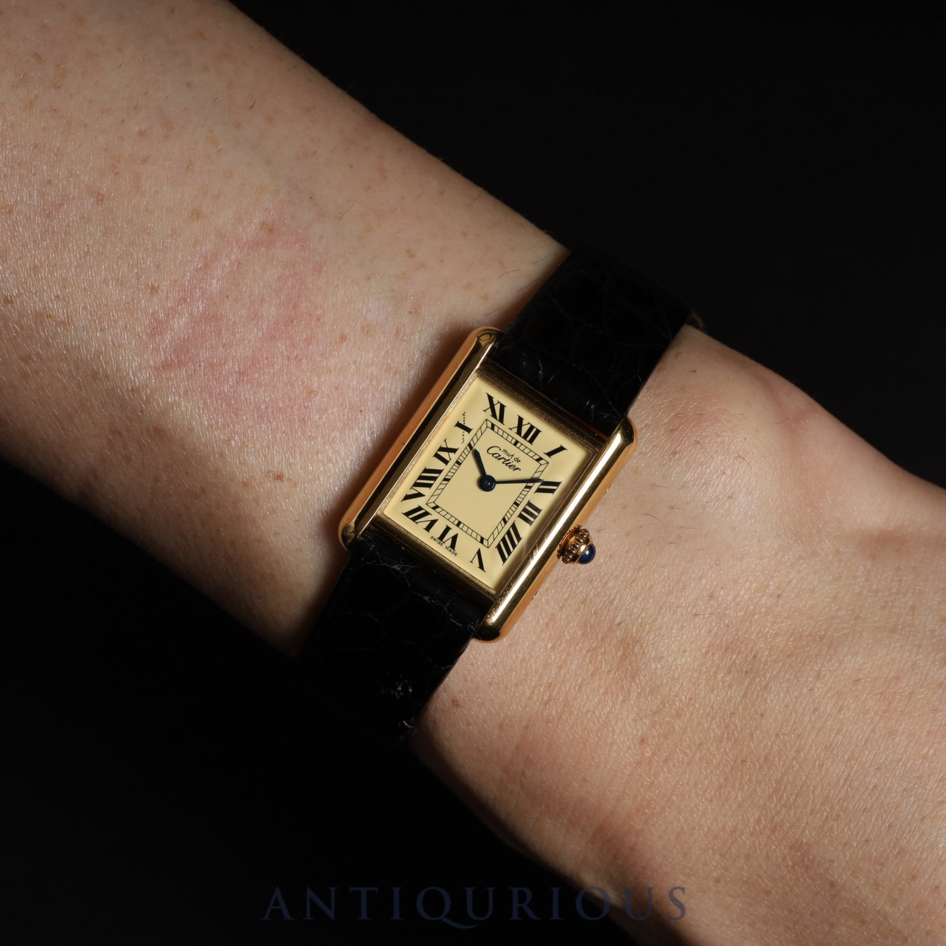 Cartier Must Tank MM 2415 Quartz Caliber 057 SV925 Leather Strap with Genuine GP Buckle, Ivory Roman Dial, Overhauled