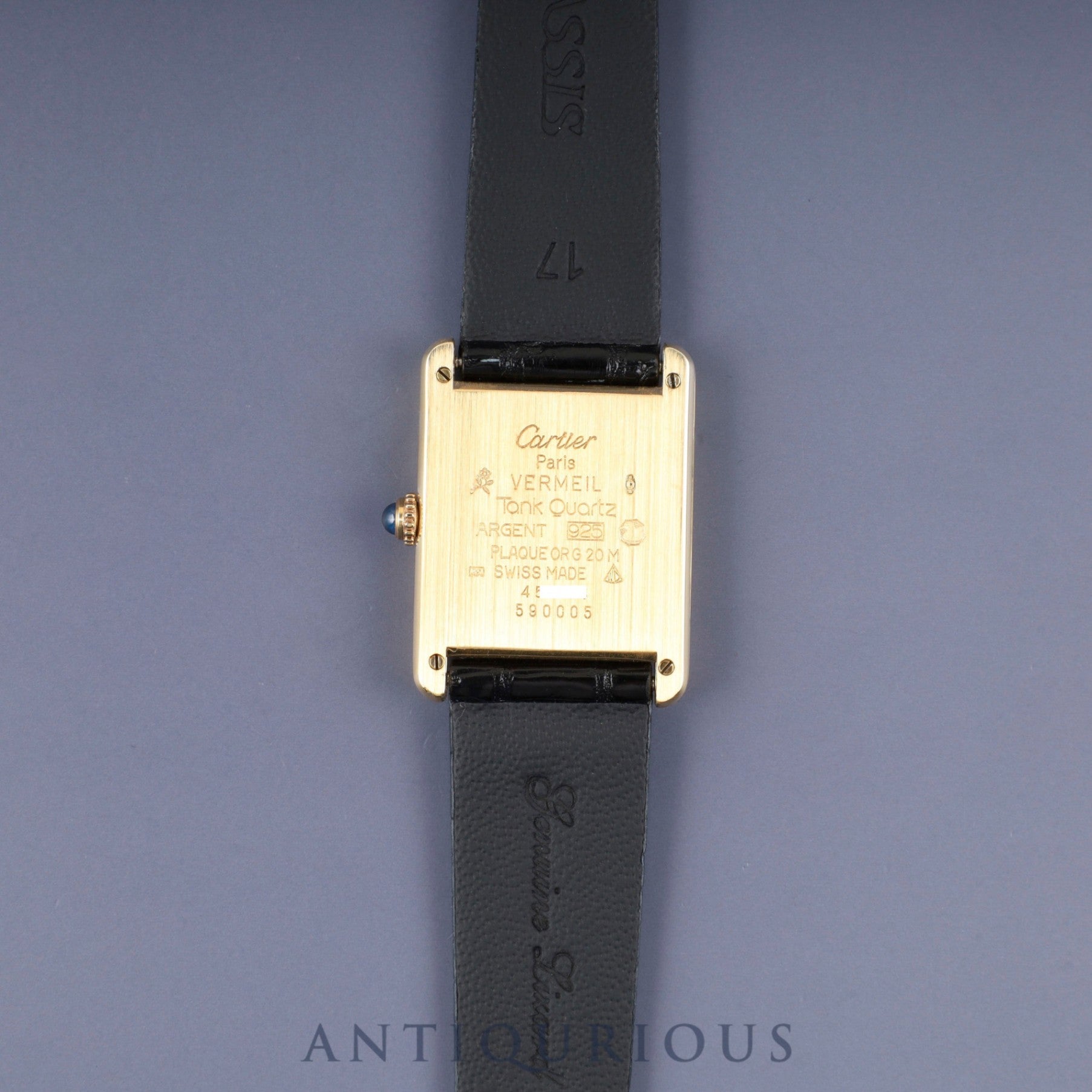 Cartier Must Tank LM 590005 Quartz Caliber 90 SV925 Leather Strap with Genuine GP Buckle, Black Roman Dial, Overhauled and Finished to Look Like New
