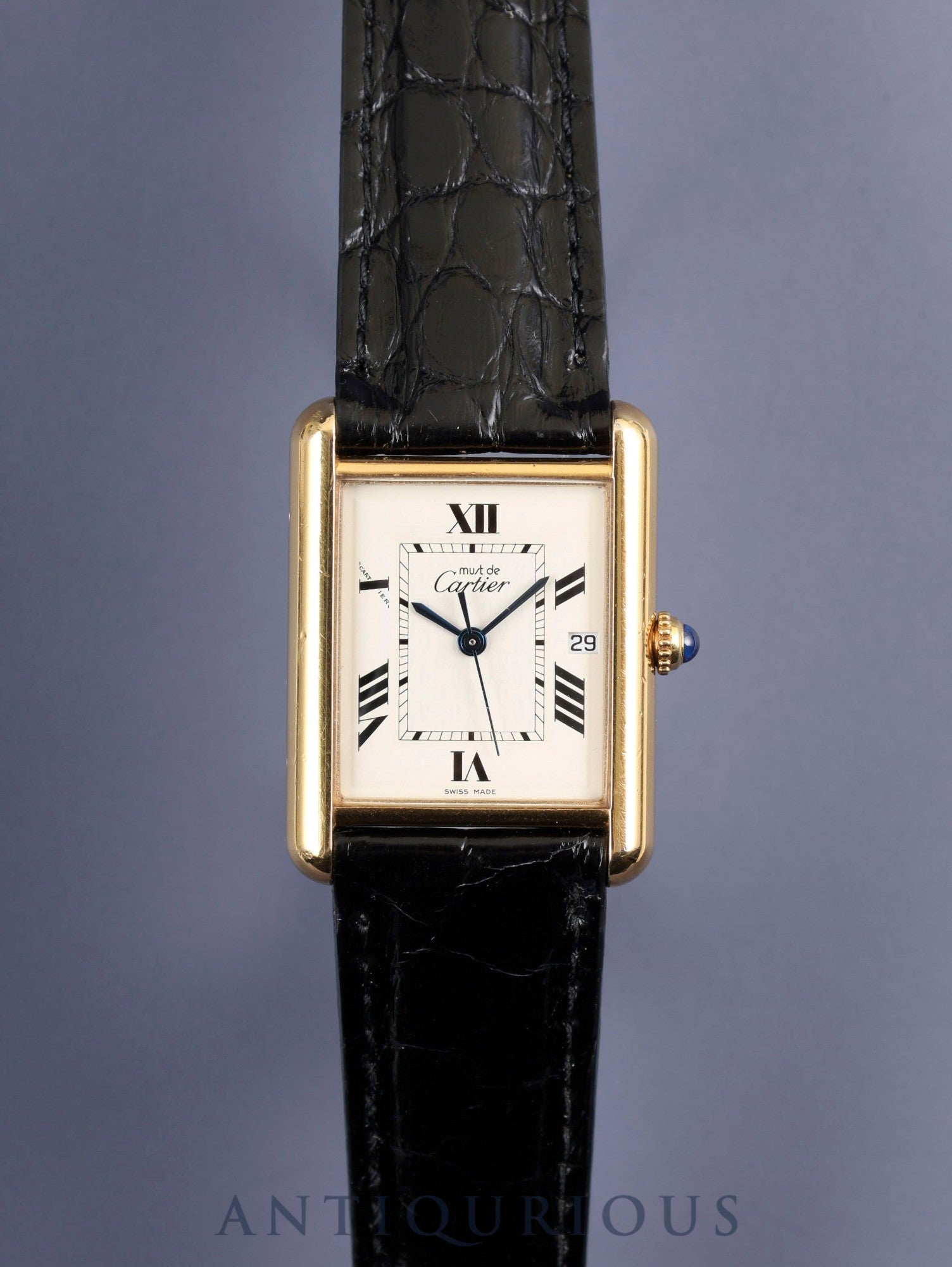 Cartier Must Tank GM (XL) W1013754 / 2413 Quartz Caliber 687 SV925 Leather Strap with Genuine D-Buckle (GP) Ivory Roman Dial Overhauled