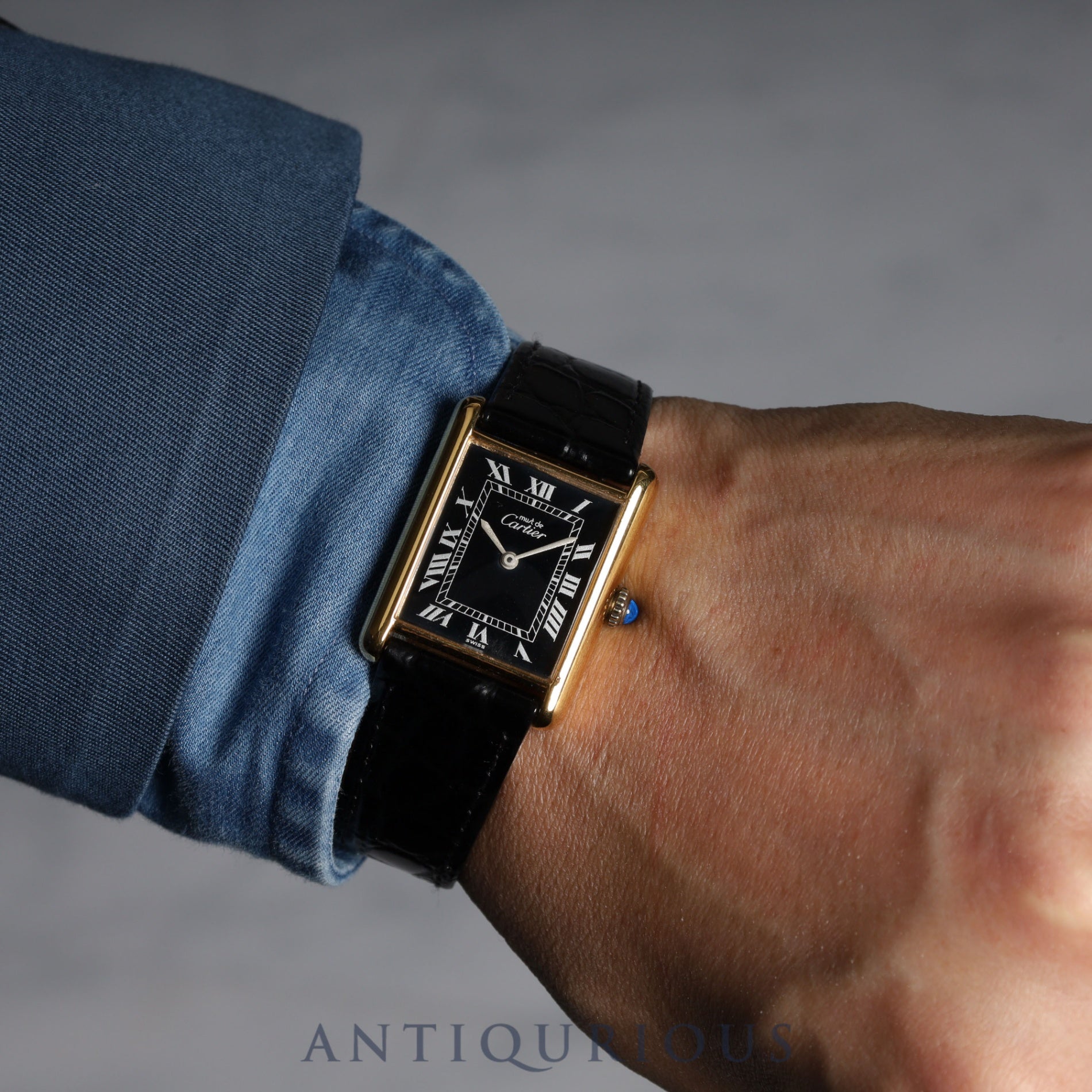 Cartier Must Tank LM Manual Winding SV Leather Black Roman Dial