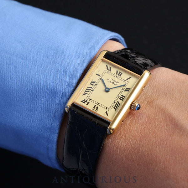 Cartier Must Tank LM 590005 Quartz Cal.90 925 Leather Genuine Buckle (GP) Ivory Dial Overhauled