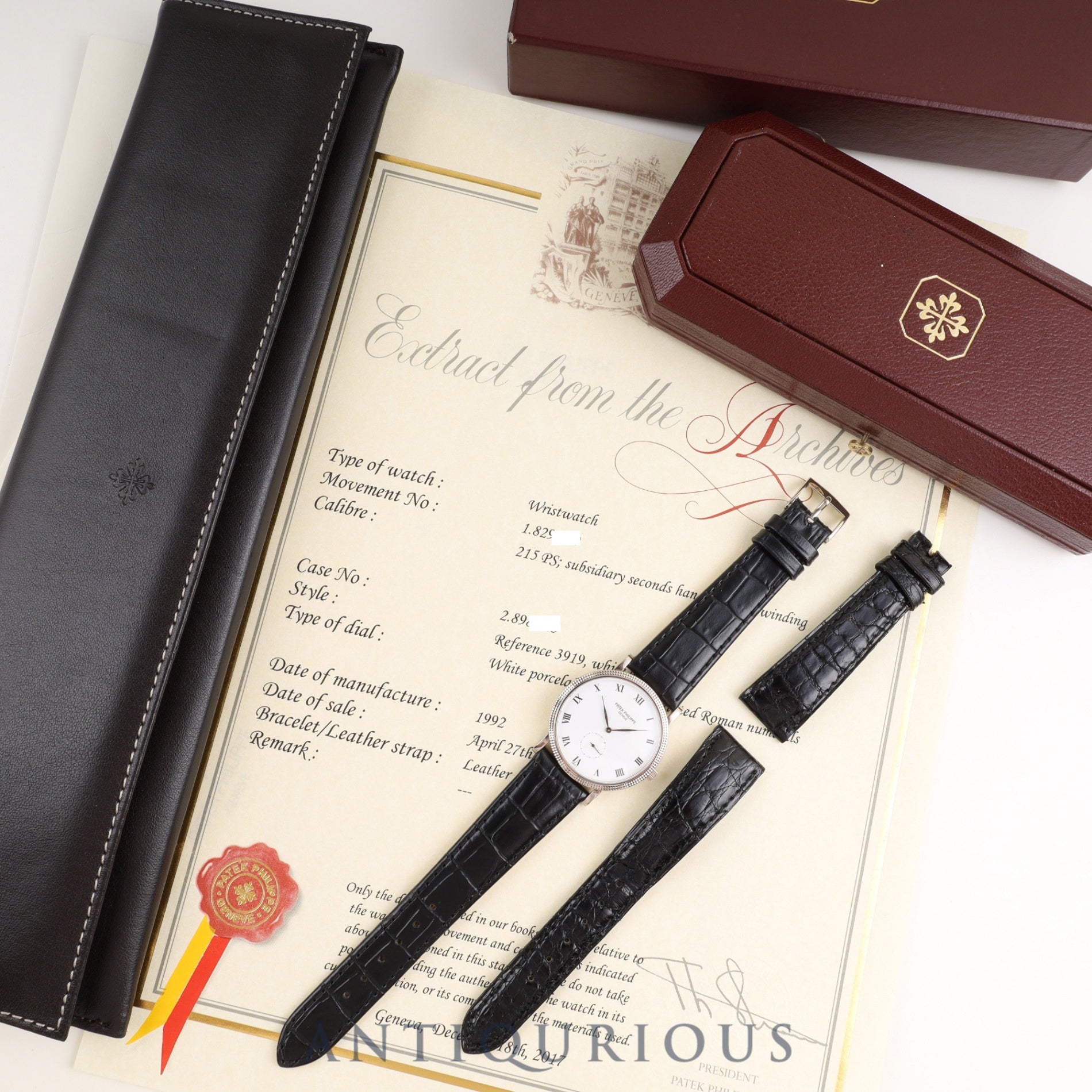 パテック・フィリップ カラトラバ 3919G-001 手巻き Cal.215 750 革 純正尾錠(750) ホワイトローマン文字盤 箱 ケース(劣化) アーカイヴ(2017年発行/1992年購入品)修理明細(個人名記載あり)純正ベルト付き(使用感あり) オーバーホール済み