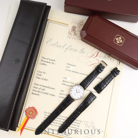 パテック・フィリップ カラトラバ 3919G-001 手巻き Cal.215 750 革 純正尾錠(750) ホワイトローマン文字盤 箱 ケース(劣化) アーカイヴ(2017年発行/1992年購入品)修理明細(個人名記載あり)純正ベルト付き(使用感あり) オーバーホール済み