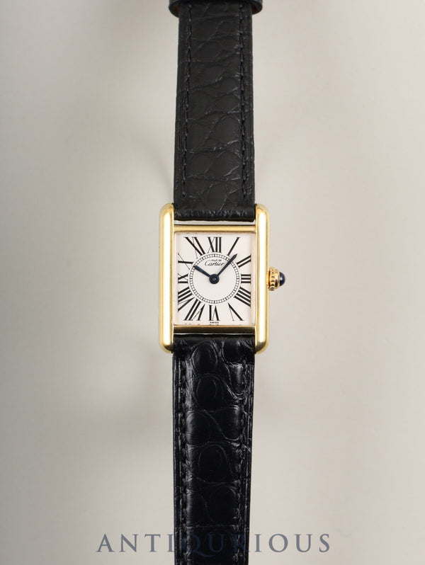 Cartier Must Tank SM W1005554 / 5057001 Quartz Caliber 057 SV925 Leather Strap with Genuine GP Buckle, Opalescent Dial, Overhauled and Finished to Look Like New