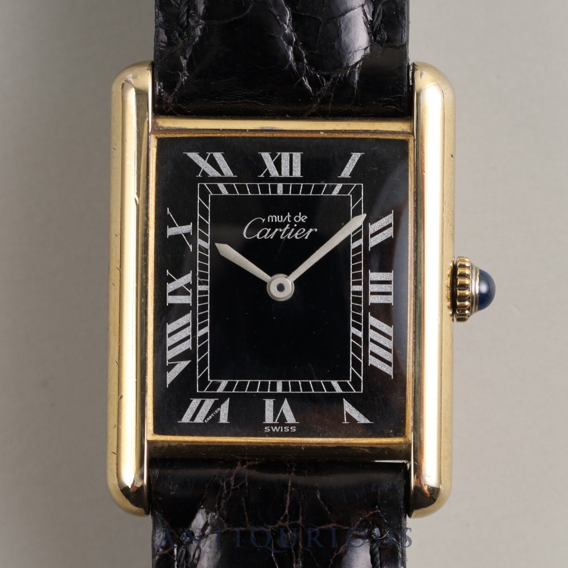 Cartier Must Tank LM Manual Winding Cal.78-1 SV925 Leather Genuine Buckle (GP) Black Roman Dial