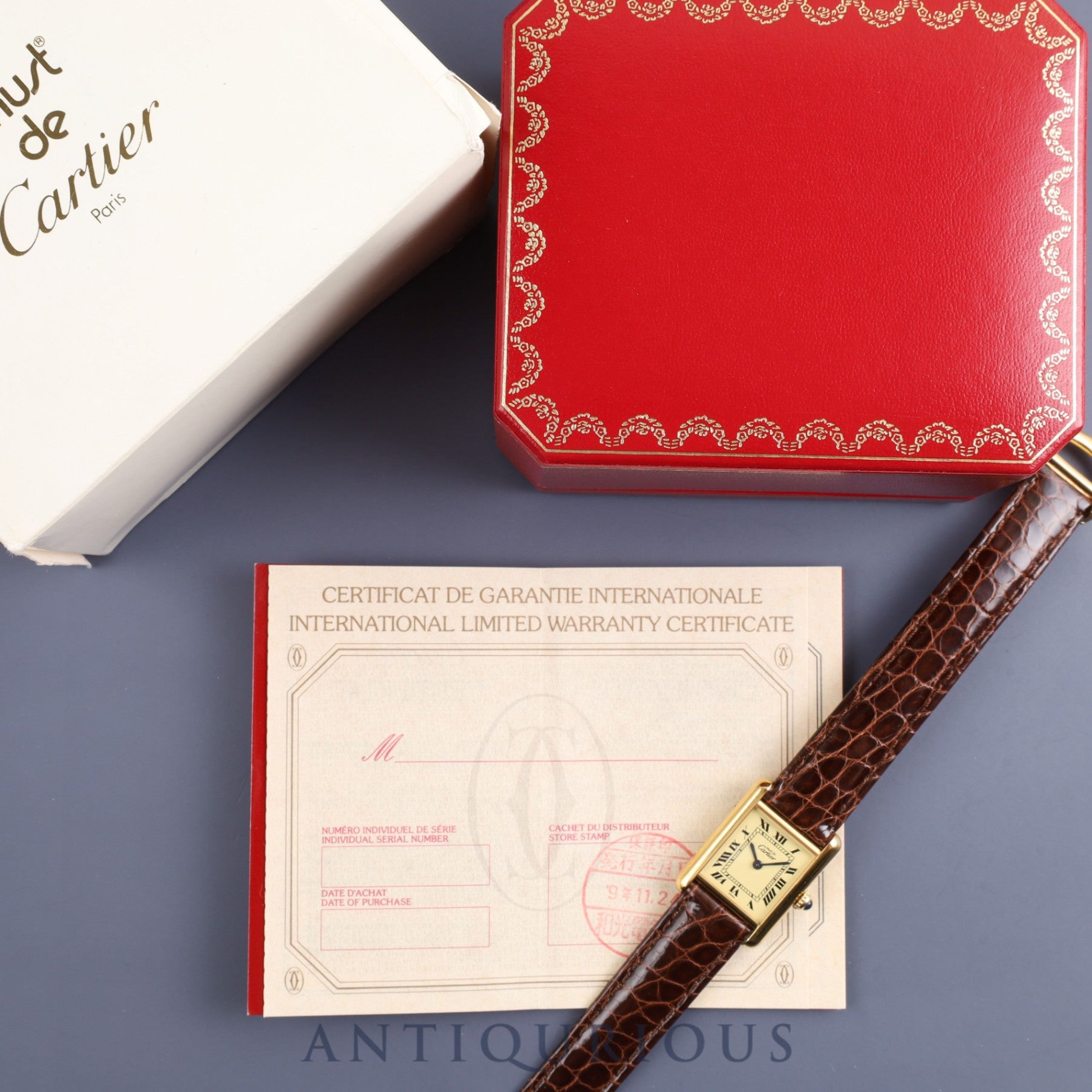カルティエ マストタンク SM W1003154/1613 クォーツ Cal.057 SV925 革 純正Dバックル(GP)アイボリーローマン文字盤 箱 保証書(無記名/2009年)オーバーホール済み