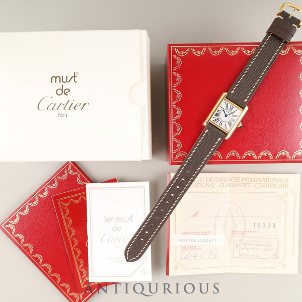 Cartier Must Tank SM W1005554 / 5057001 Quartz Caliber - SV925 Leather Strap with Genuine GP Buckle, Opalescent Dial, Box, Booklet, Warranty Card (1994) Completely Serviced at a Cartier Boutique