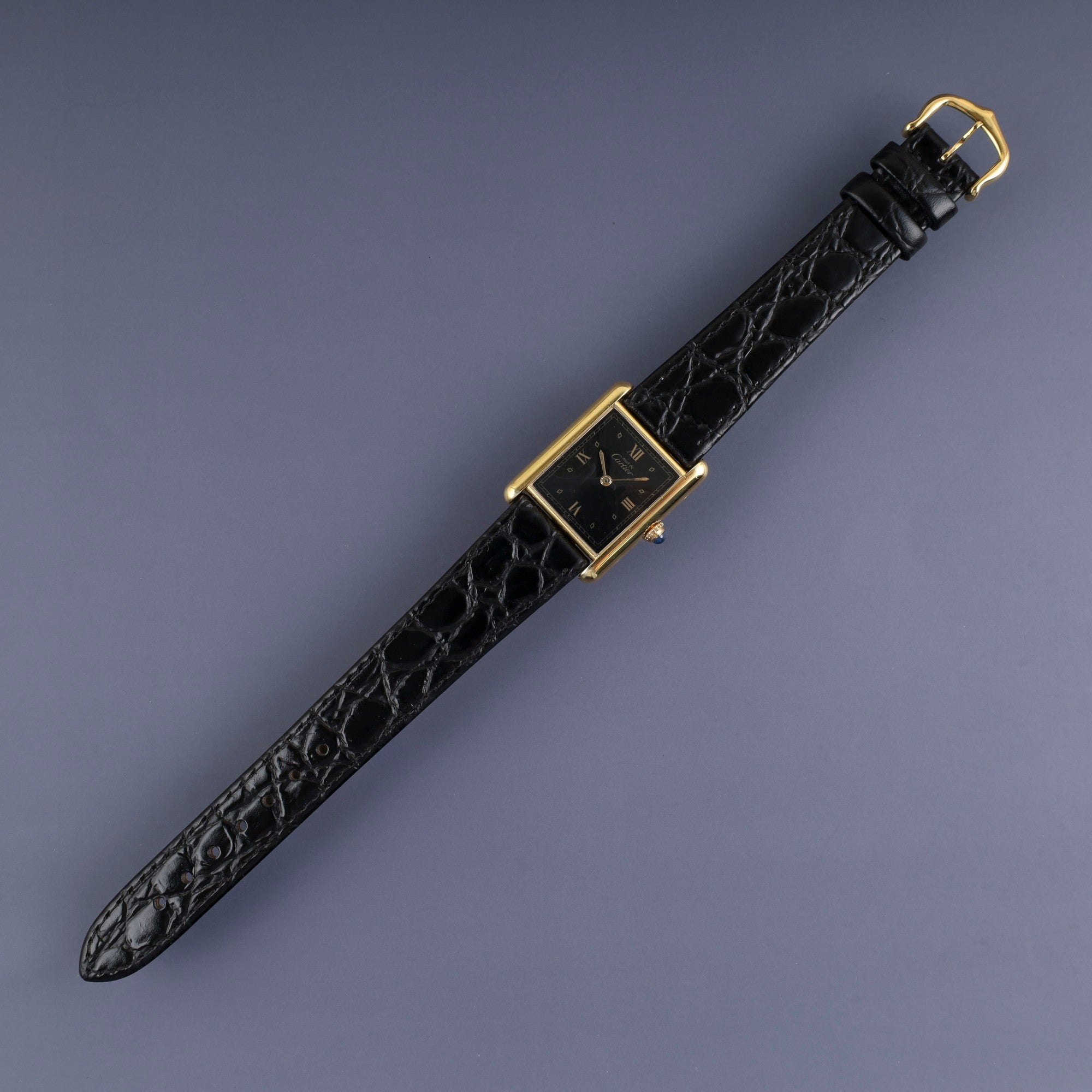 Cartier Must Tank LM 590005 Quartz Caliber 90 SV925 Leather Strap with Genuine GP Buckle, Black Roman Dial, Overhauled and Finished to Look Like New