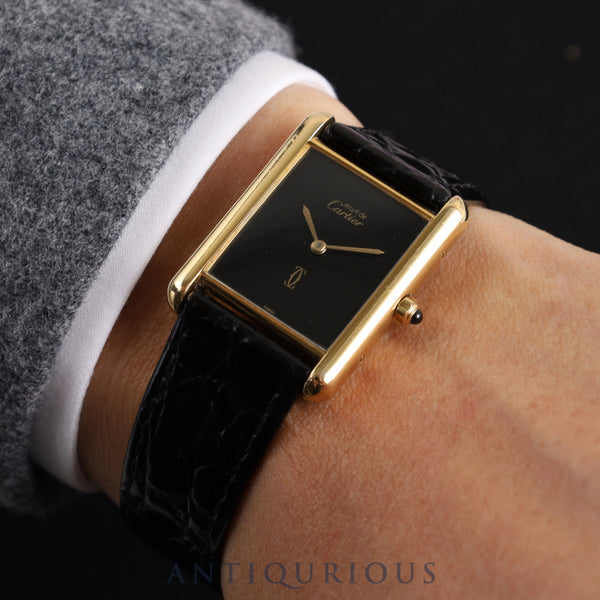 Cartier Must Tank LM 6 81006 Quartz Cal.81 SV925 Leather Genuine Buckle (GP) Black Onyx Dial Overhauled